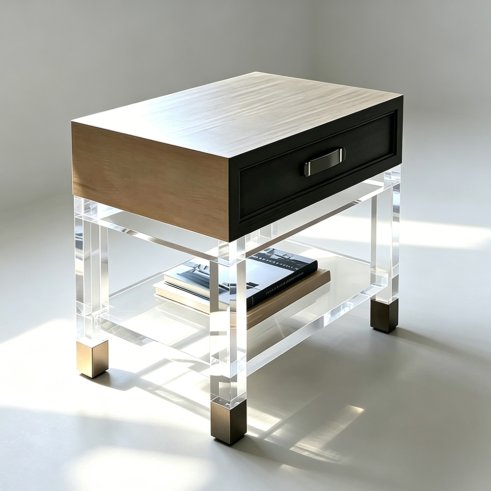 Luxury Clear Acrylic Bedside Table with Drawer, Bedroom Storage Cabinet, Factory Custom Wholesale