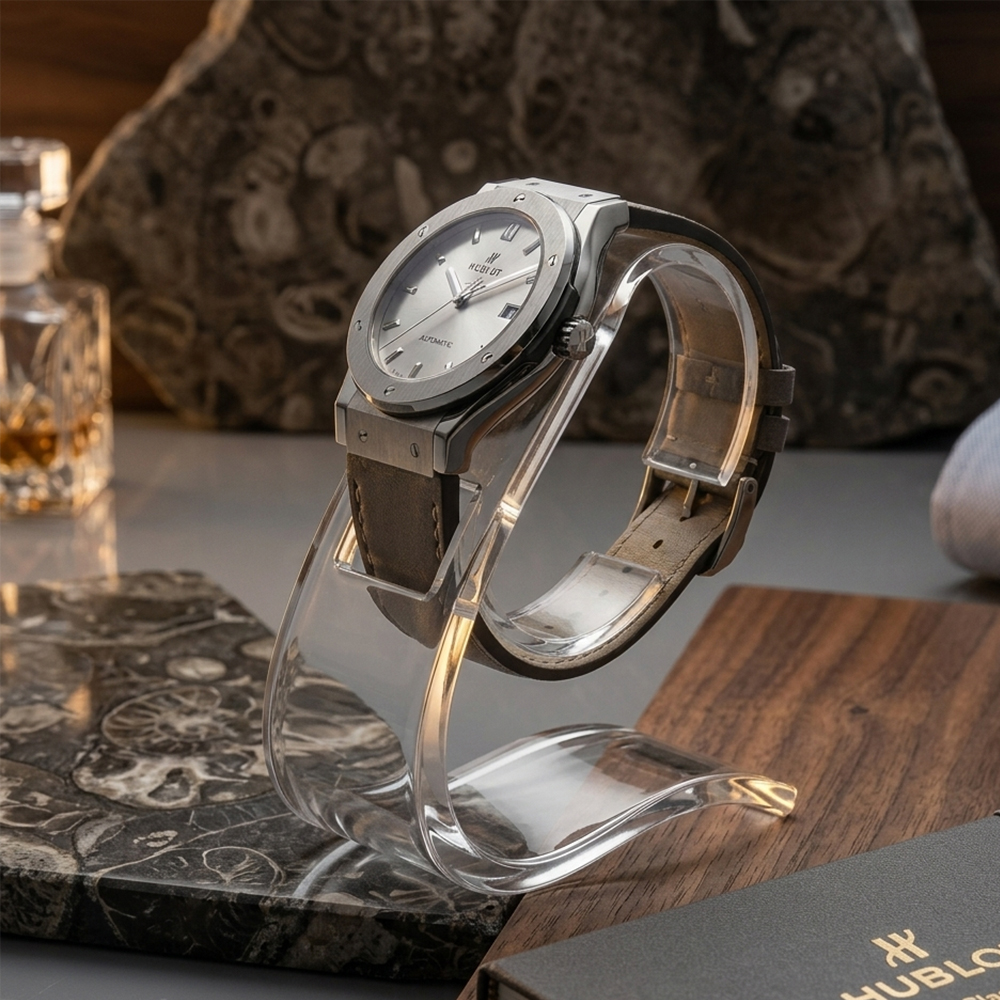 S-Shaped Clear Acrylic Single Watch Stand | Custom Wholesale Timepiece Display Holder