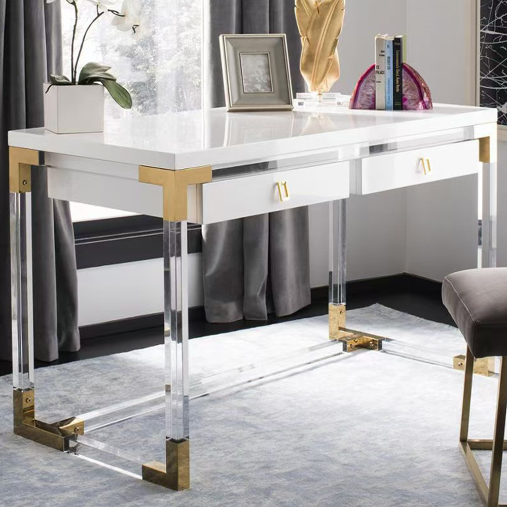 Luxury White Acrylic Desk | Modern Gold Metal Frame Home Office Desk with Drawers, Factory Custom Wholesale