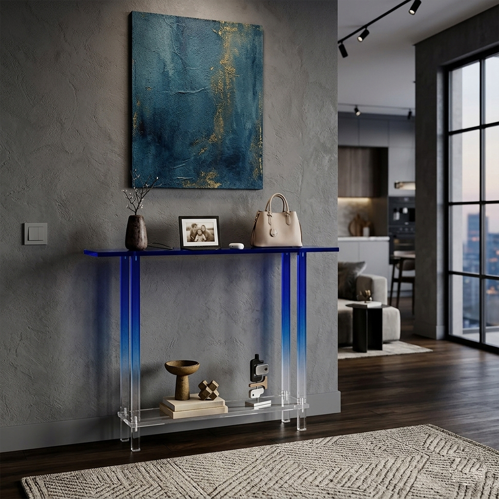 Klein Blue Gradient Acrylic 2-Tier Console Table | Minimalist Hallway Entryway Table, Designer Accent Table, Factory Custom Wholesale