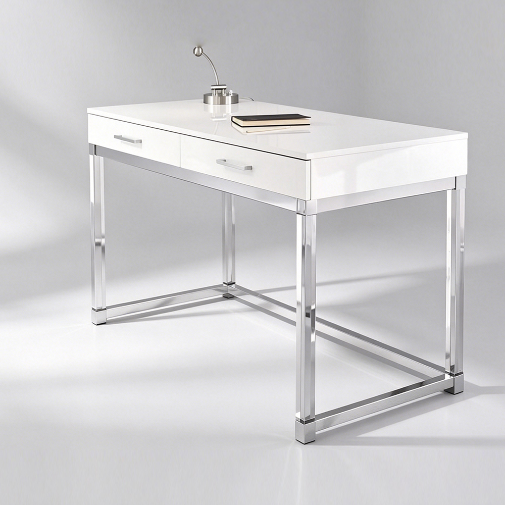 Luxury White Gloss Metal Desk | Modern Silver Metal Frame Home Office Desk with Drawers, Factory Custom Wholesale