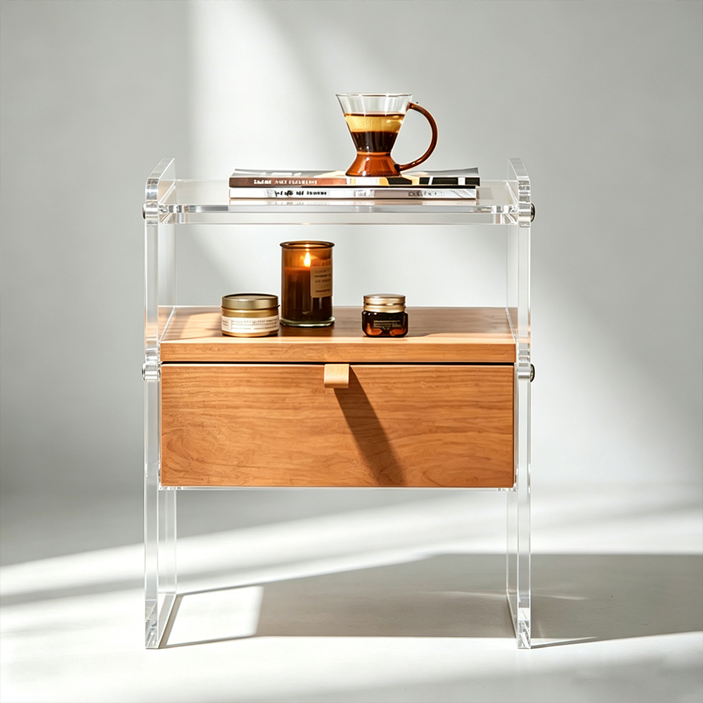 Minimalist Acrylic Bedside Table with Drawer, Bedroom Accent Cabinet, Factory Custom Wholesale