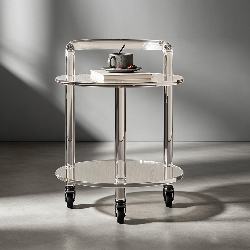 Luxury One-Piece Acrylic Rolling Trolley, Living Room Accent Side Table, Factory Custom Wholesale