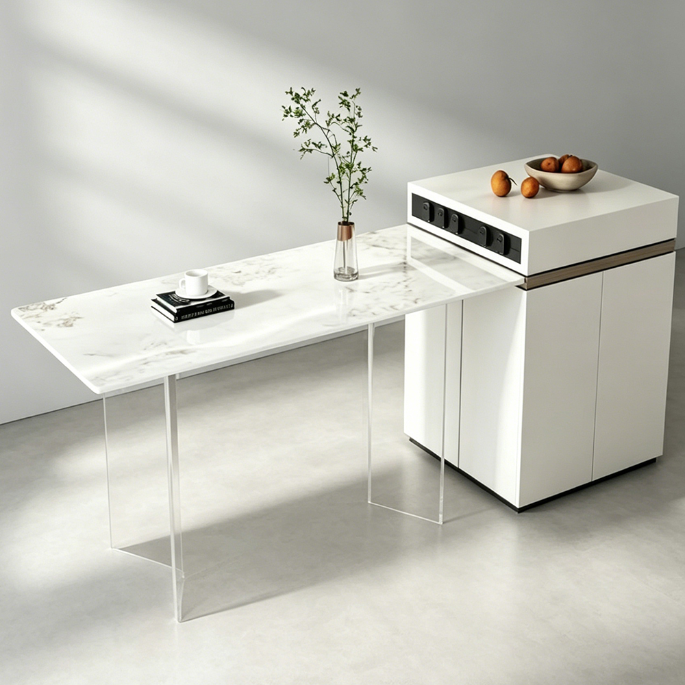 Sintered Stone Acrylic Leg Vanity Table Set | Modern Luxury Bedroom Dressing Table with Side Cabinet, Clear Acrylic Leg Makeup Desk, Factory Custom Wholesale