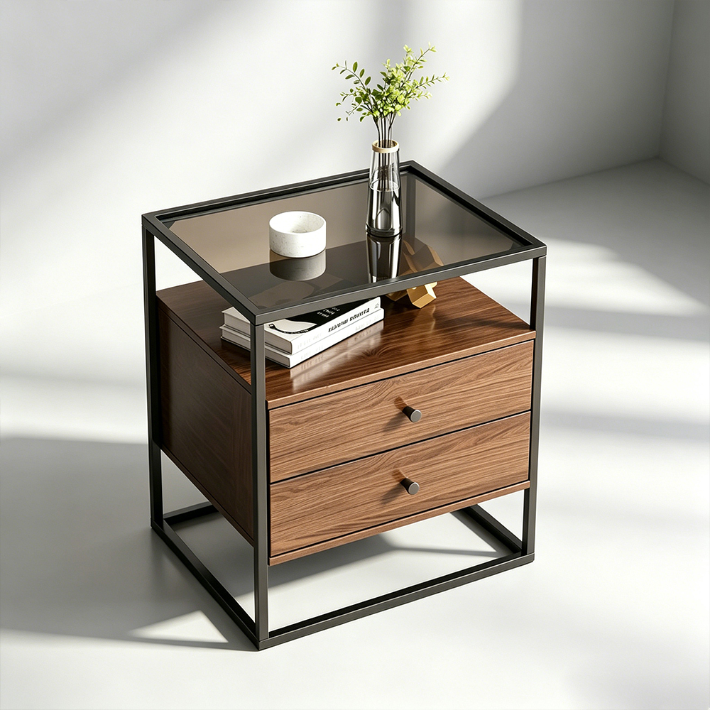 Minimalist Bedroom Bedside Table with Double Drawers, Storage Cabinet, Factory Custom Wholesale
