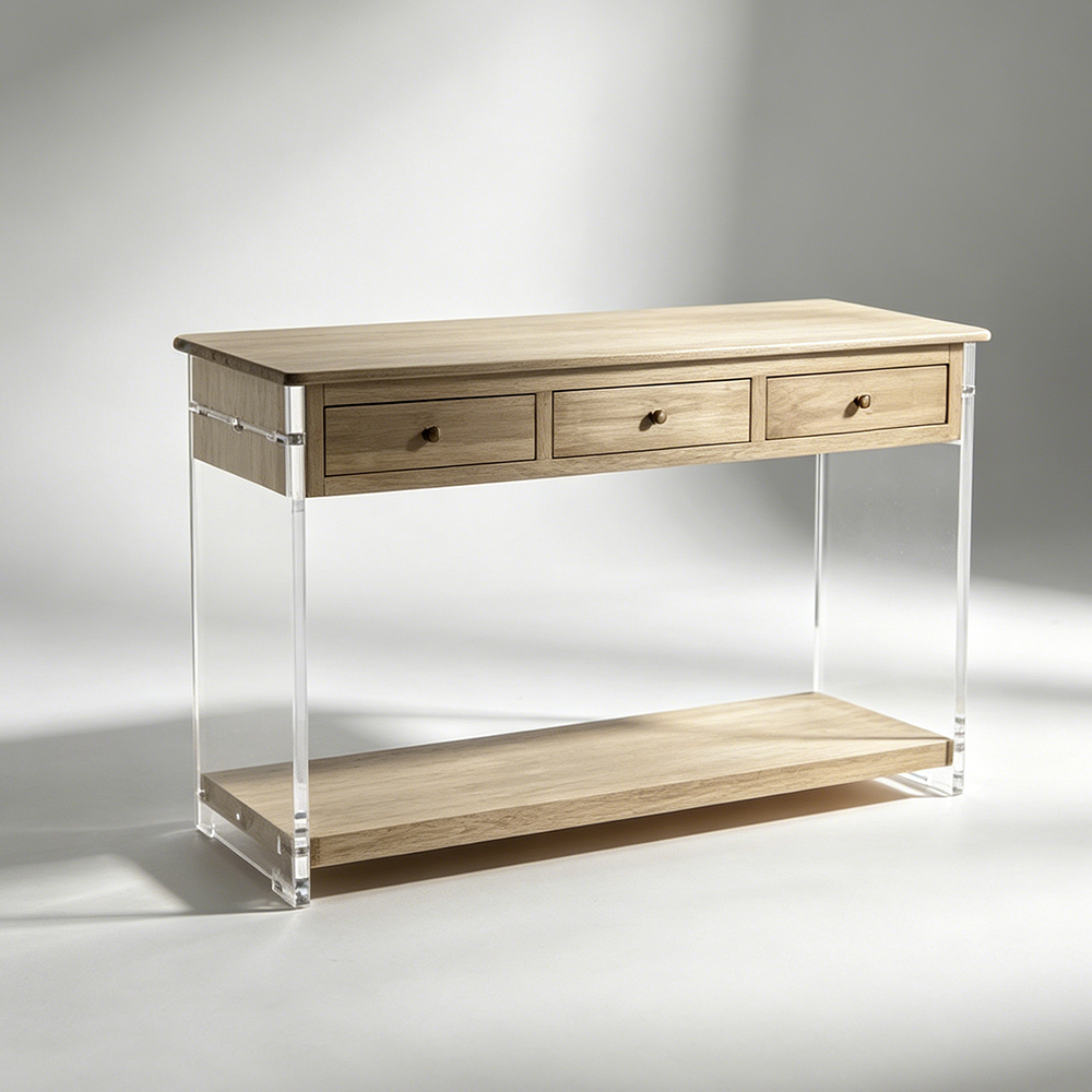 Clear Acrylic & Wood Console Table with Drawers | Solid Wood Entryway Storage Console, Hallway Accent Table, Factory Custom Wholesale