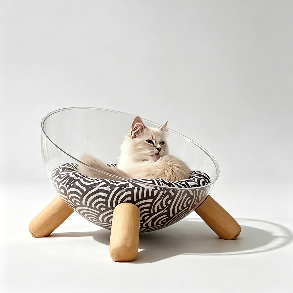 Acrylic Dome Cat Bed with Thick Cylindrical Wood Legs, Stable Construction