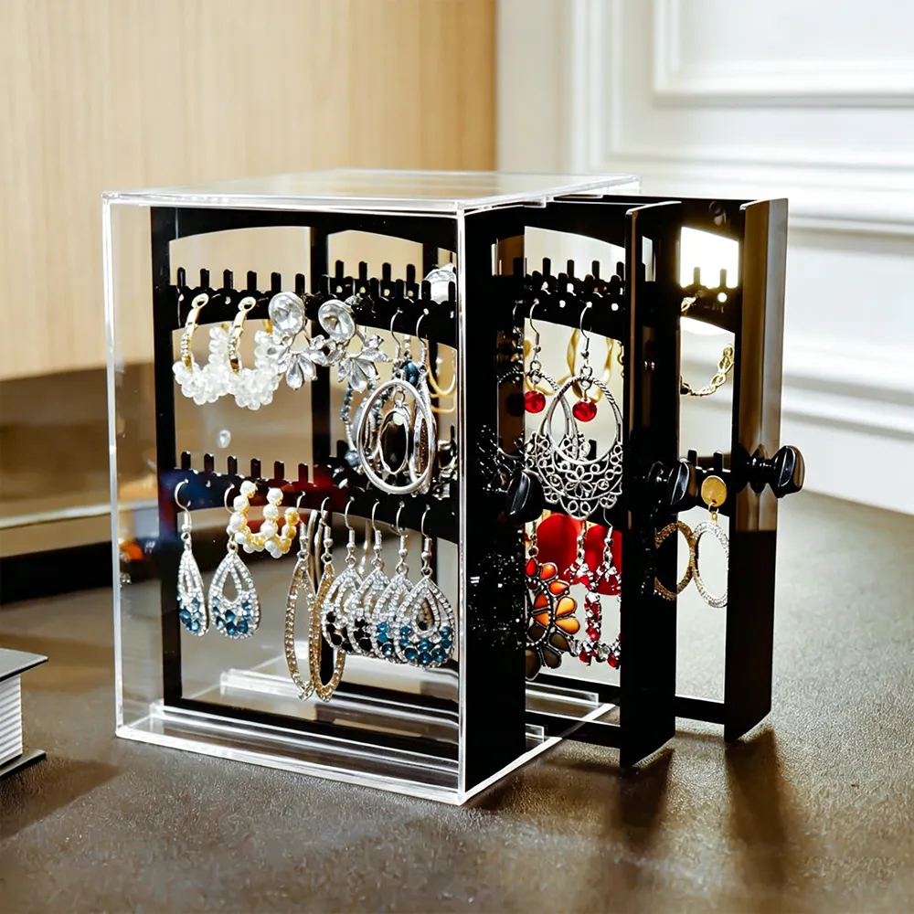 Acrylic Rotating Dust-Proof Earring Organizer Multi-Tier Jewelry Display Case.