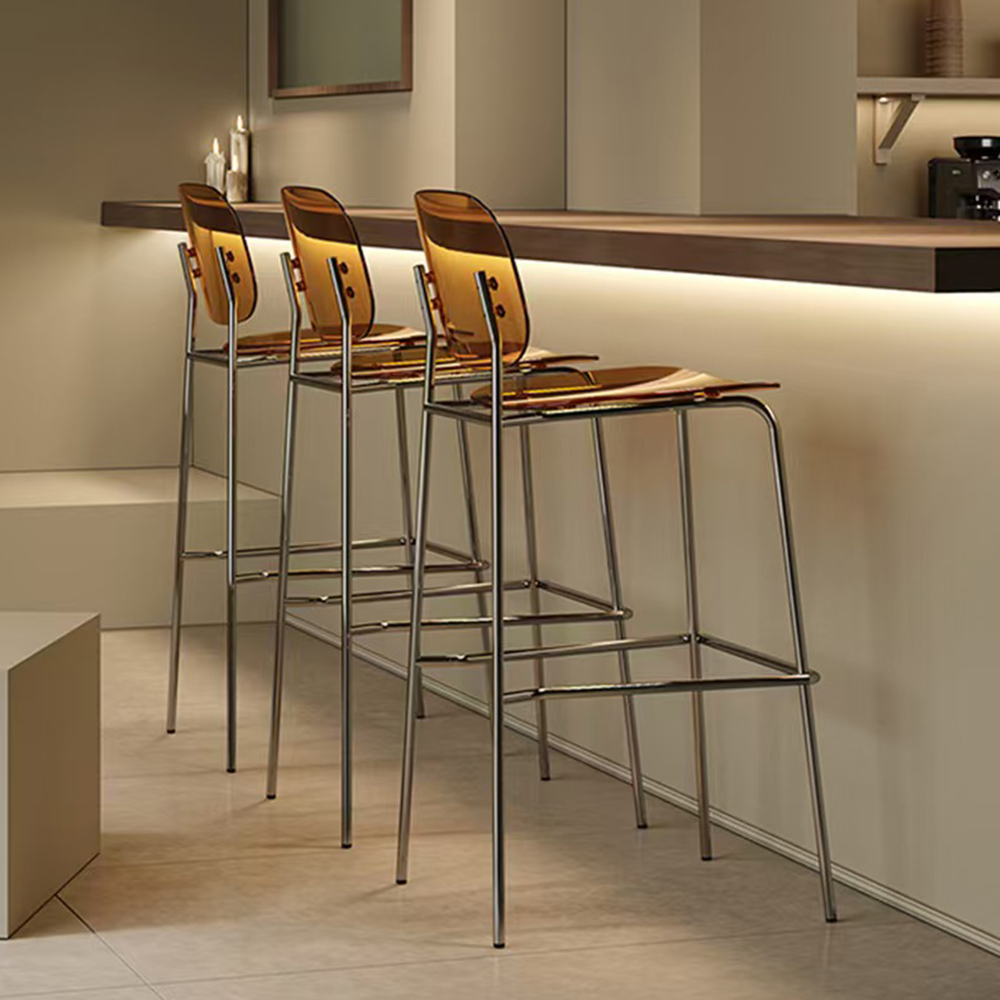 Amber Transparent Acrylic Bar Stool Modern Minimalist Metal High Bar Chair for Kitchen Island & Bar, Factory Custom Wholesale.