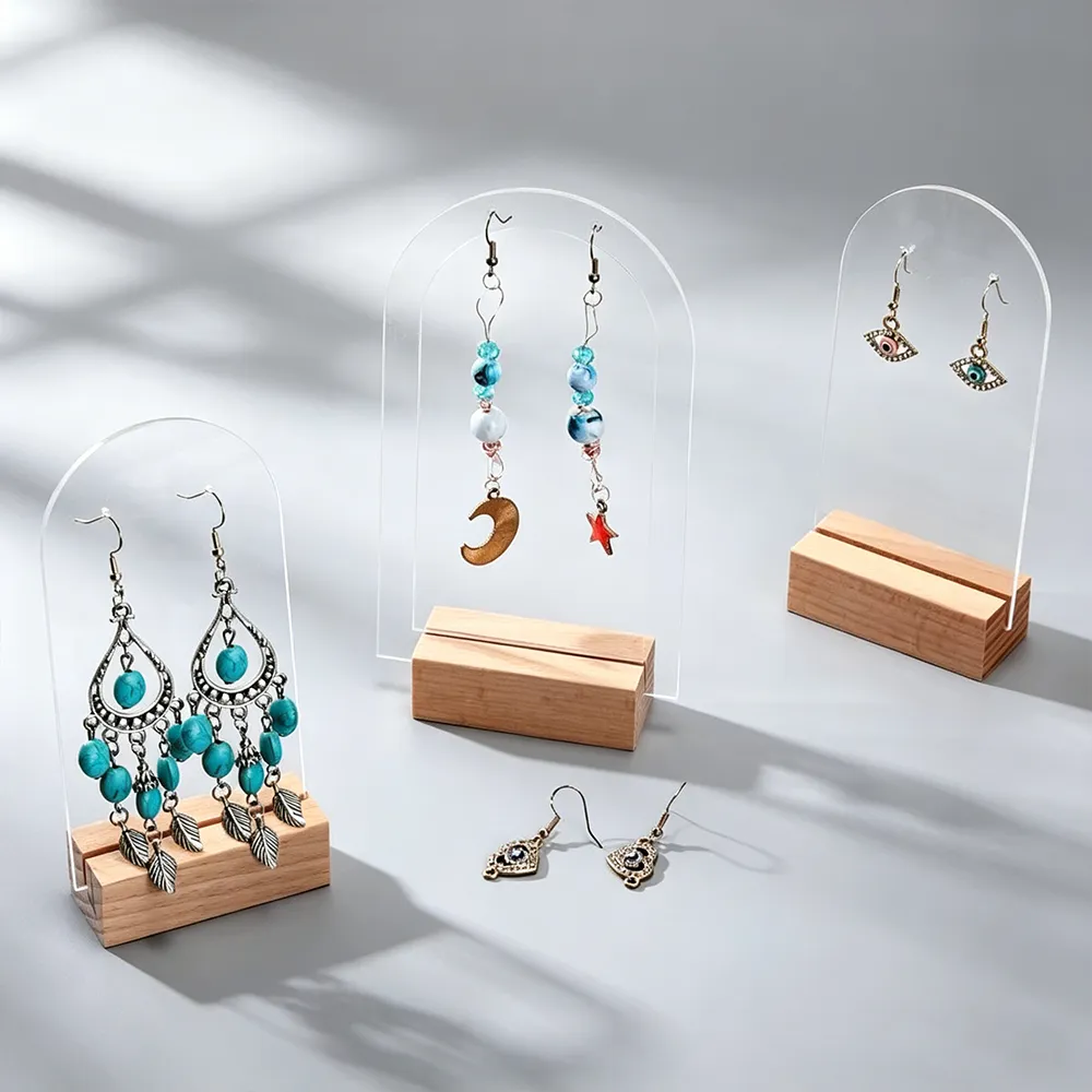 Arch Acrylic Earring Display Stand Wooden Base Jewelry Holder