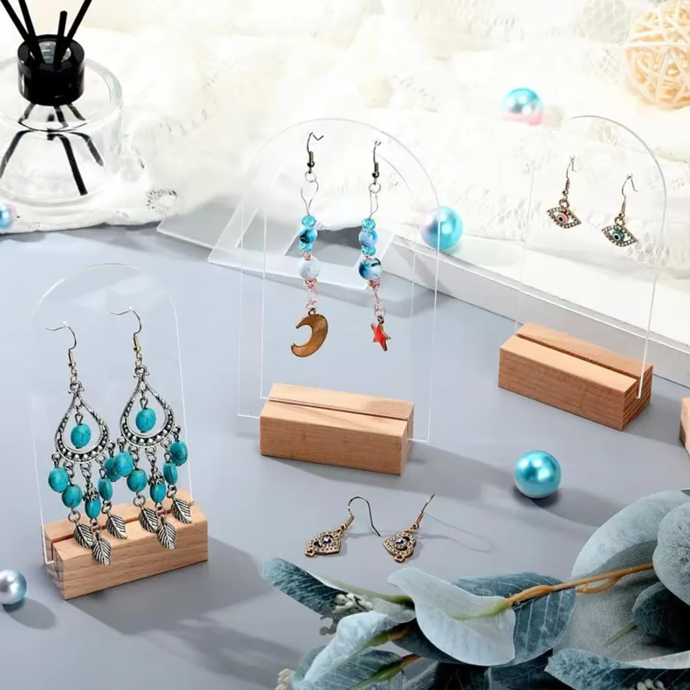 Arch Acrylic Earring Display Stand Wooden Base Jewelry Holder.