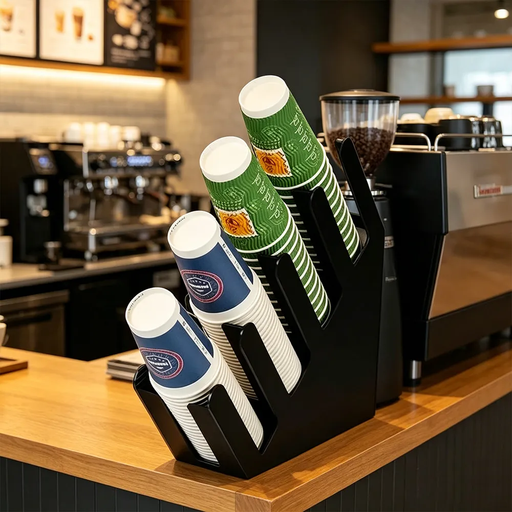 Black Acrylic Angled Cup Dispenser Coffee Shop Disposable Cup Organizer.