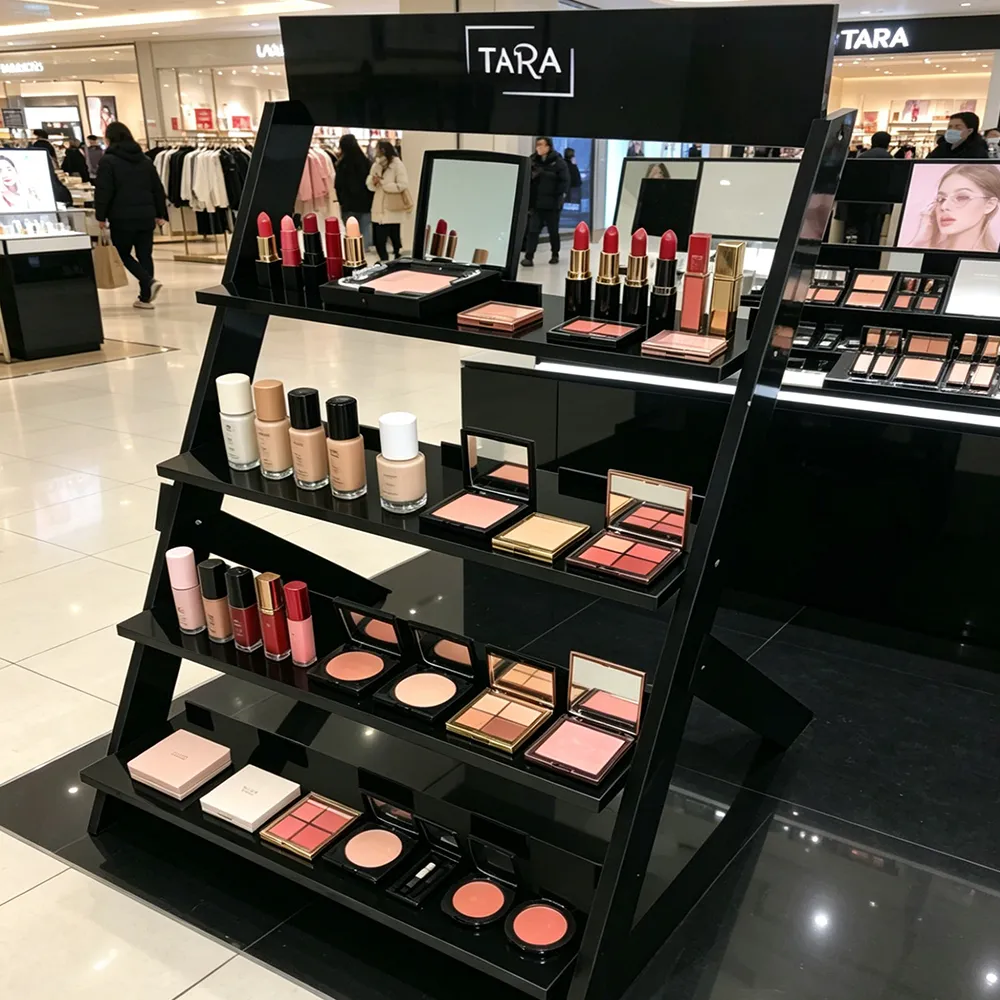 Black Acrylic Tiered Retail Display Stand Multi-Tier Cosmetics & Accessories Organizer.