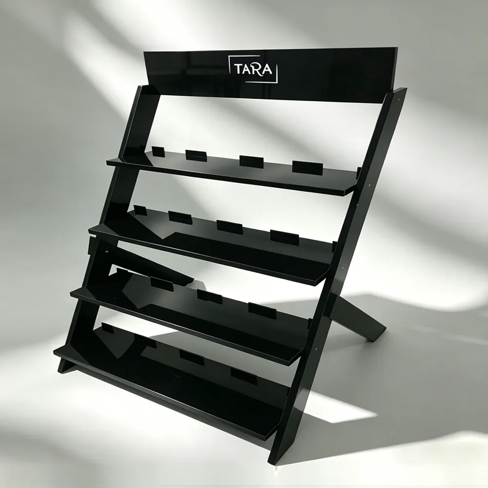 Black Acrylic Tiered Retail Display Stand Multi-Tier Cosmetics & Accessories Organizer