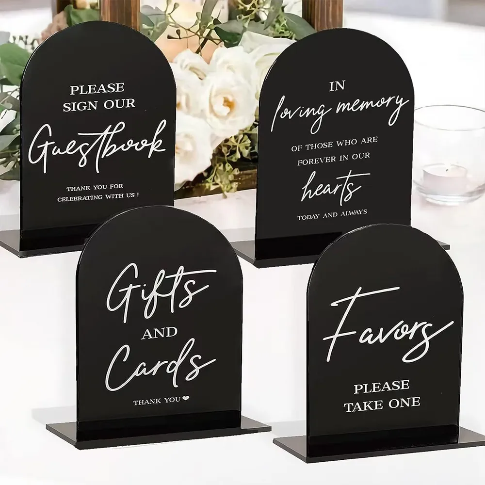 Black Arch Acrylic Wedding Guestbook Sign Custom Tabletop Stand.