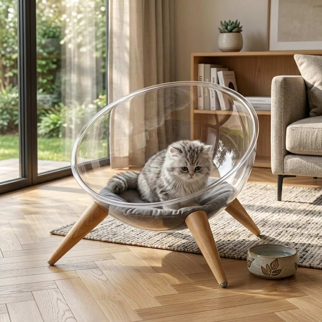 Cat Relaxing in Acrylic Space Capsule Bed, Durable Pet Sourcing Factory