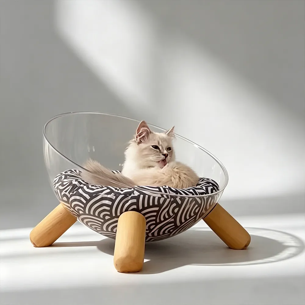 Clear Acrylic Hemisphere Cat Bed Wooden Leg Space Capsule Pet House…