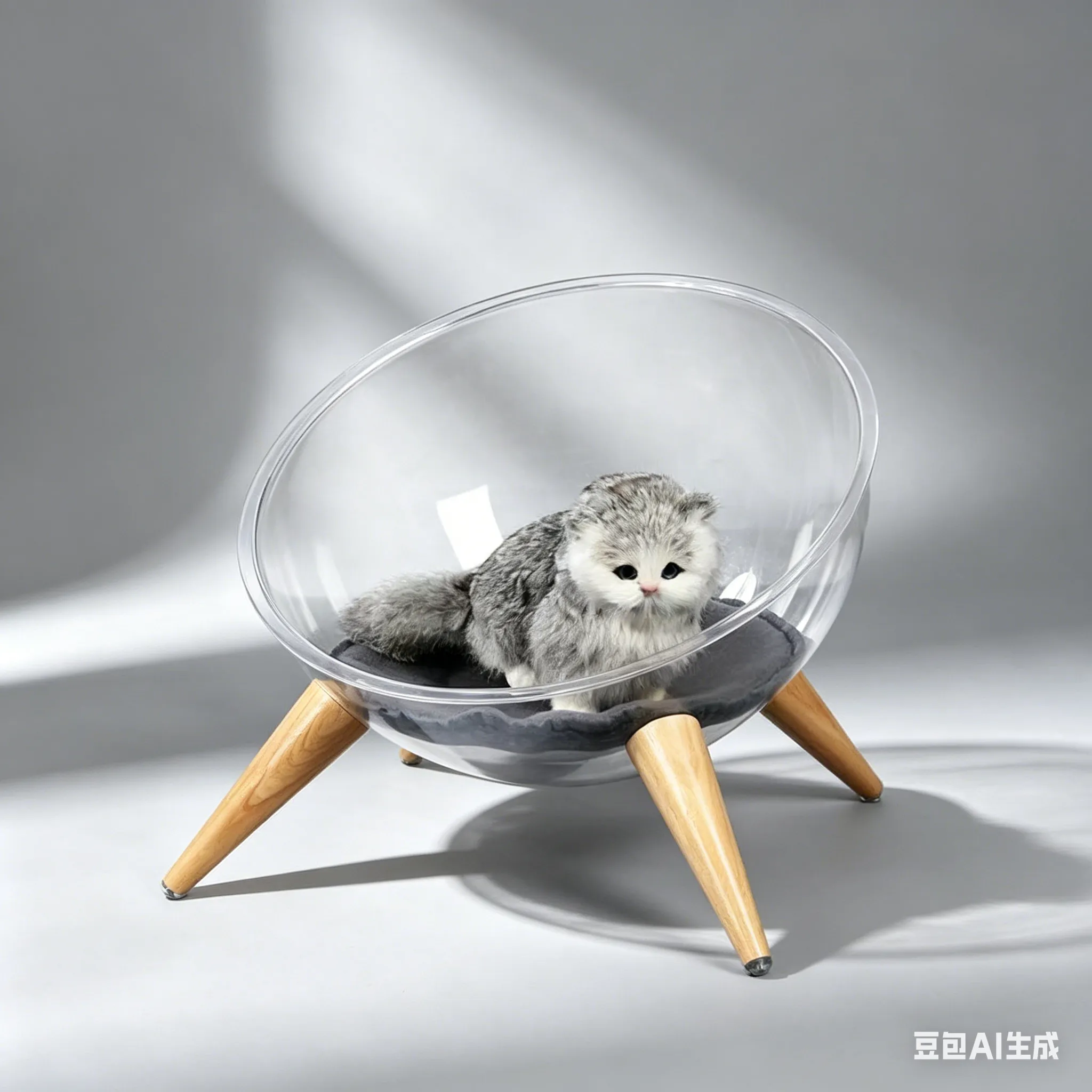 Clear Acrylic Hemisphere Cat Bed Wooden Leg Space Capsule Pet House.