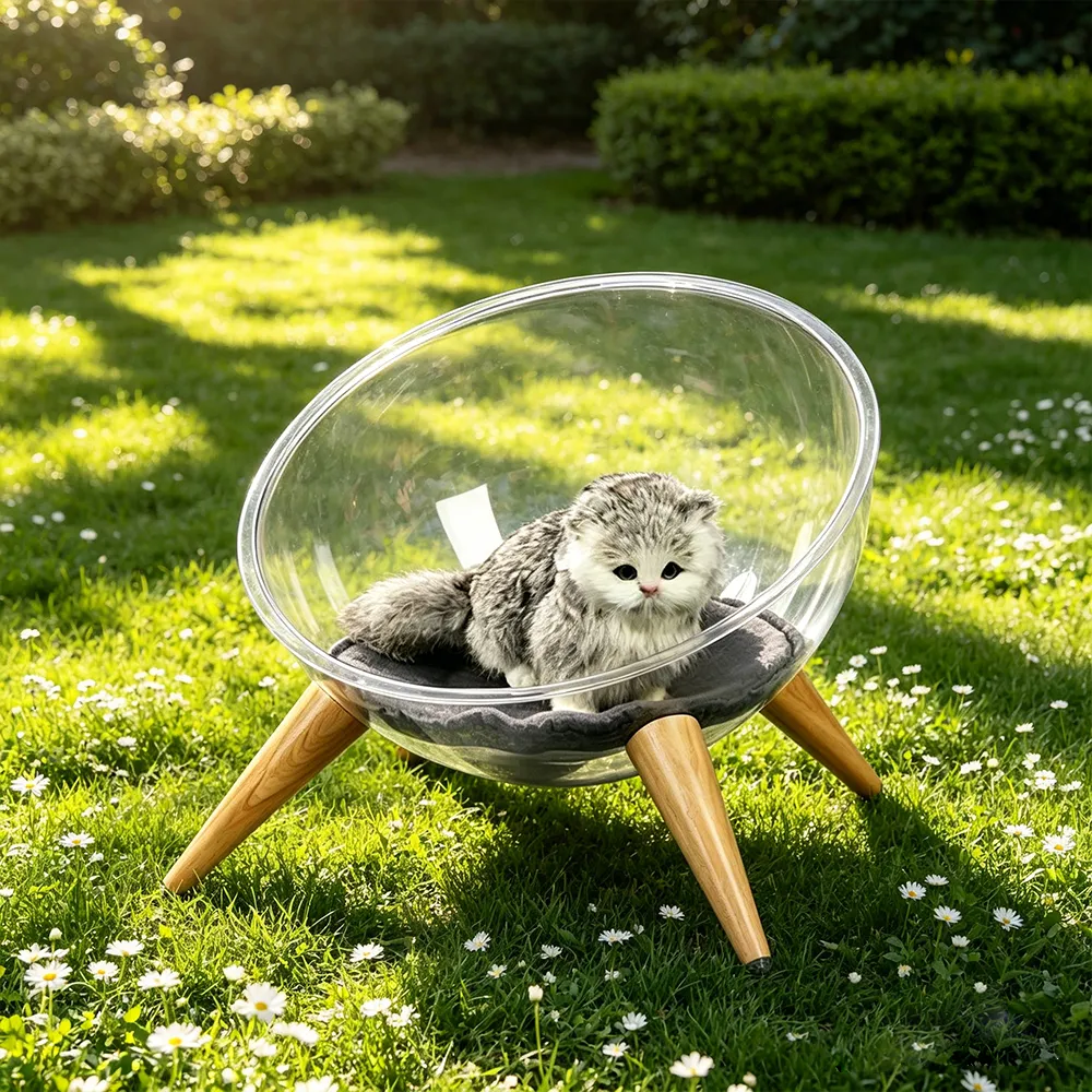 Clear Acrylic Hemisphere Cat Bed Wooden Leg Space Capsule Pet House