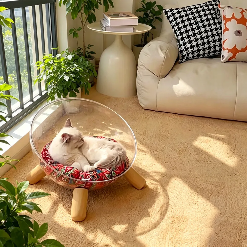 Clear Acrylic Hemisphere Cat Bed Wooden Leg Space Capsule Pet House….