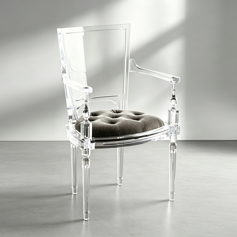 Clear Acrylic Louis XVI Style Arm Chair European Vintage Upholstered Dining Chair, Luxury Hotel Accent Chair, Factory Custom Wholesale