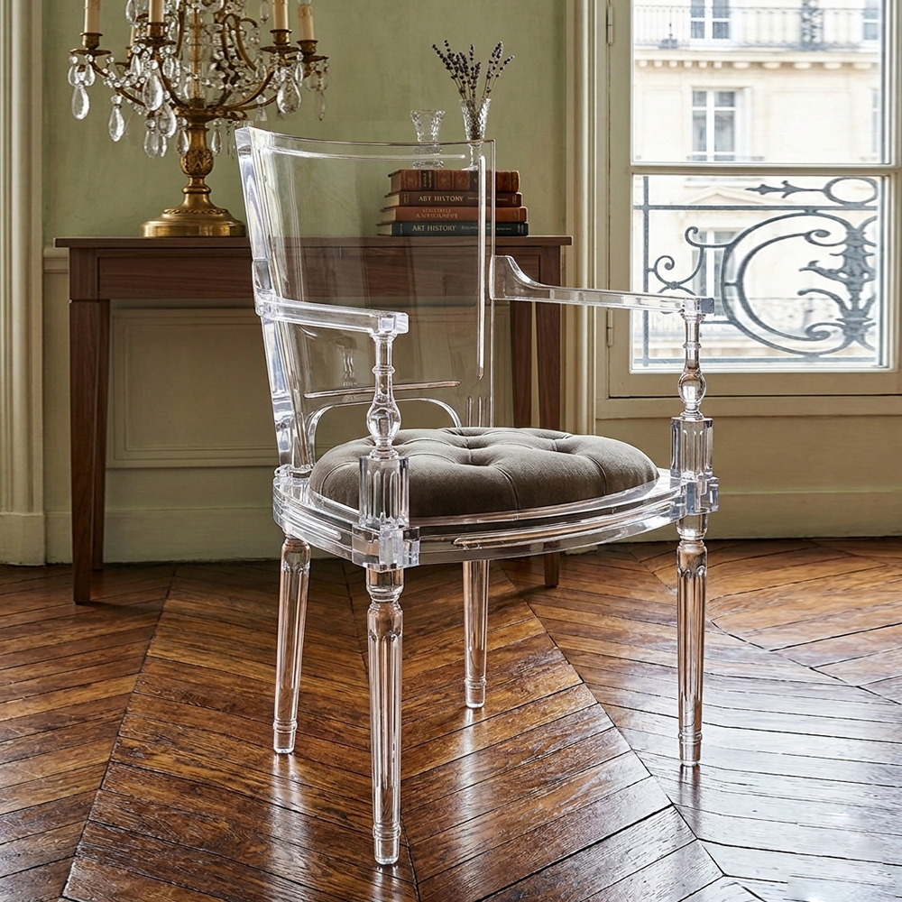 Clear Acrylic Louis XVI Style Arm Chair European Vintage Upholstered Dining Chair, Luxury Hotel Accent Chair, Factory Custom Wholesale.