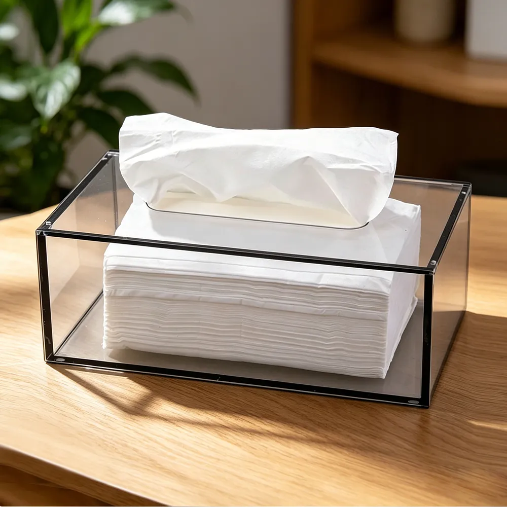 Clear Acrylic Tissue Box with Black Trim Luxury Rectangular Desktop Napkin Holder.