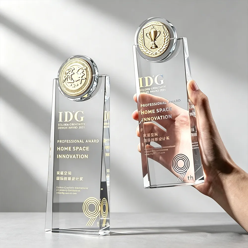 Clear Acrylic Trophy with Metal Badge Custom Corporate Award & Recognition Plaque