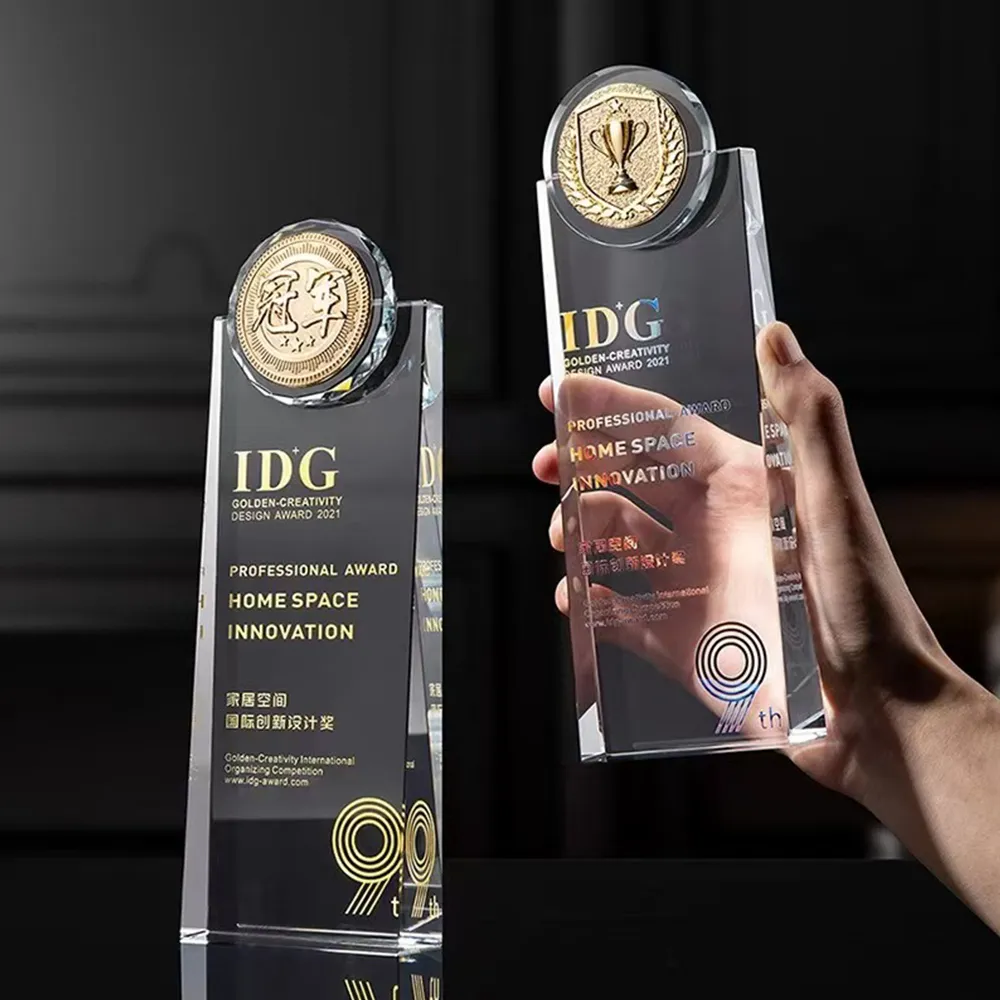 Clear Acrylic Trophy with Metal Badge Custom Corporate Award & Recognition Plaque.