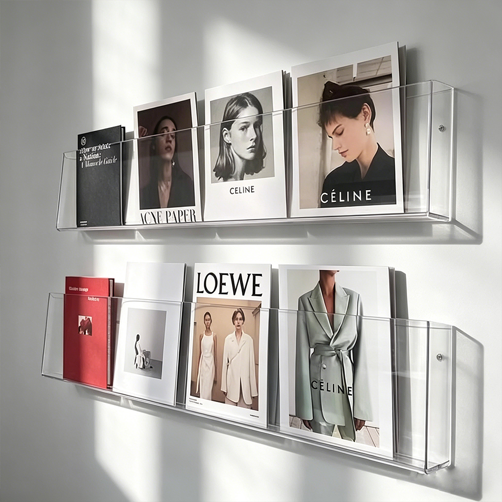 Clear Acrylic Wall-Mounted Magazine Rack Floating Book & Art Print Display Shelf
