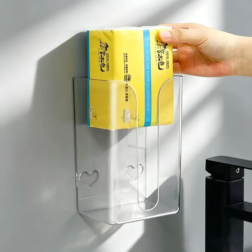 Clear Acrylic Wall-Mounted Tissue Holder No-Drill Bathroom Napkin Organizer