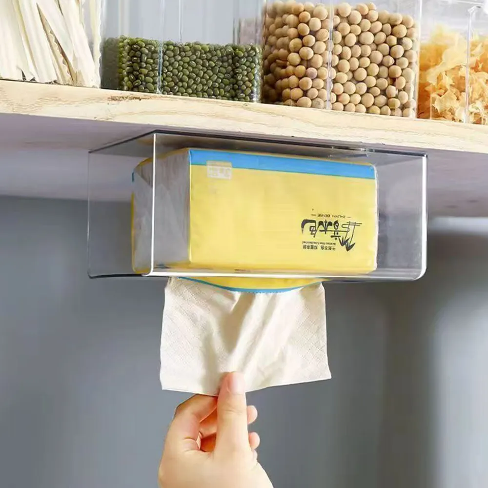 Clear Acrylic Wall-Mounted Tissue Holder No-Drill Bathroom Napkin Organizer.
