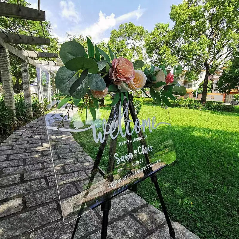 Clear Acrylic Wedding Welcome Sign Custom Floral Decor Direction Board.