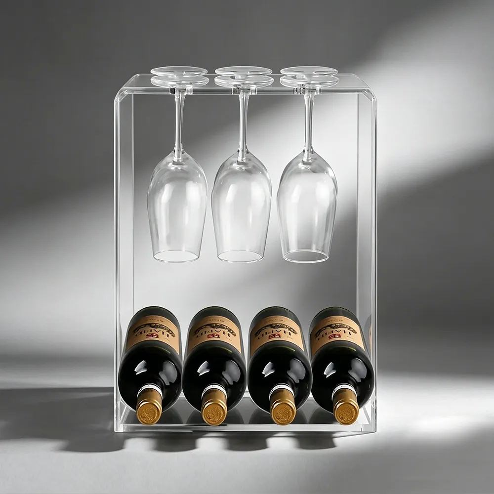 Clear Acrylic Wine Rack with Glass Holder Countertop Wine Storage Display