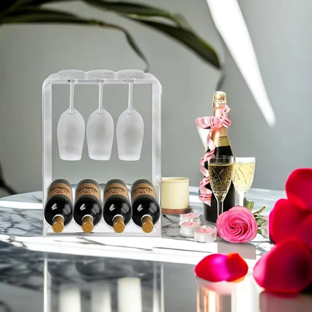 Clear Acrylic Wine Rack with Glass Holder Countertop Wine Storage Display.