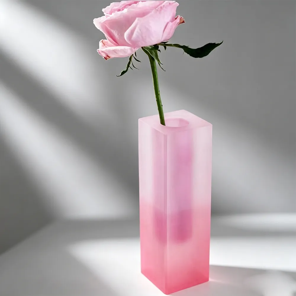 Gradient Pink Frosted Acrylic Square Vase Minimalist Art Flower Vase