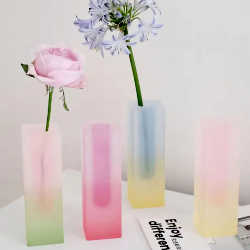 Gradient Pink Frosted Acrylic Square Vase Minimalist Art Flower Vase.