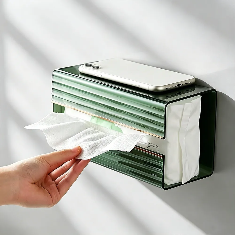 Green Acrylic Wall-Mounted Tissue Box Bathroom No-Drill Napkin Holder with Shelf