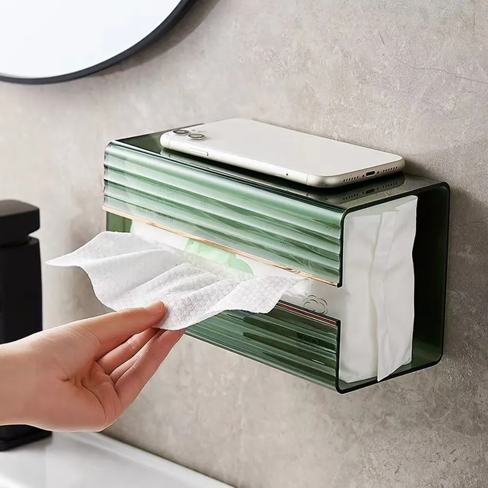 Green Acrylic Wall-Mounted Tissue Box Bathroom No-Drill Napkin Holder with Shelf.