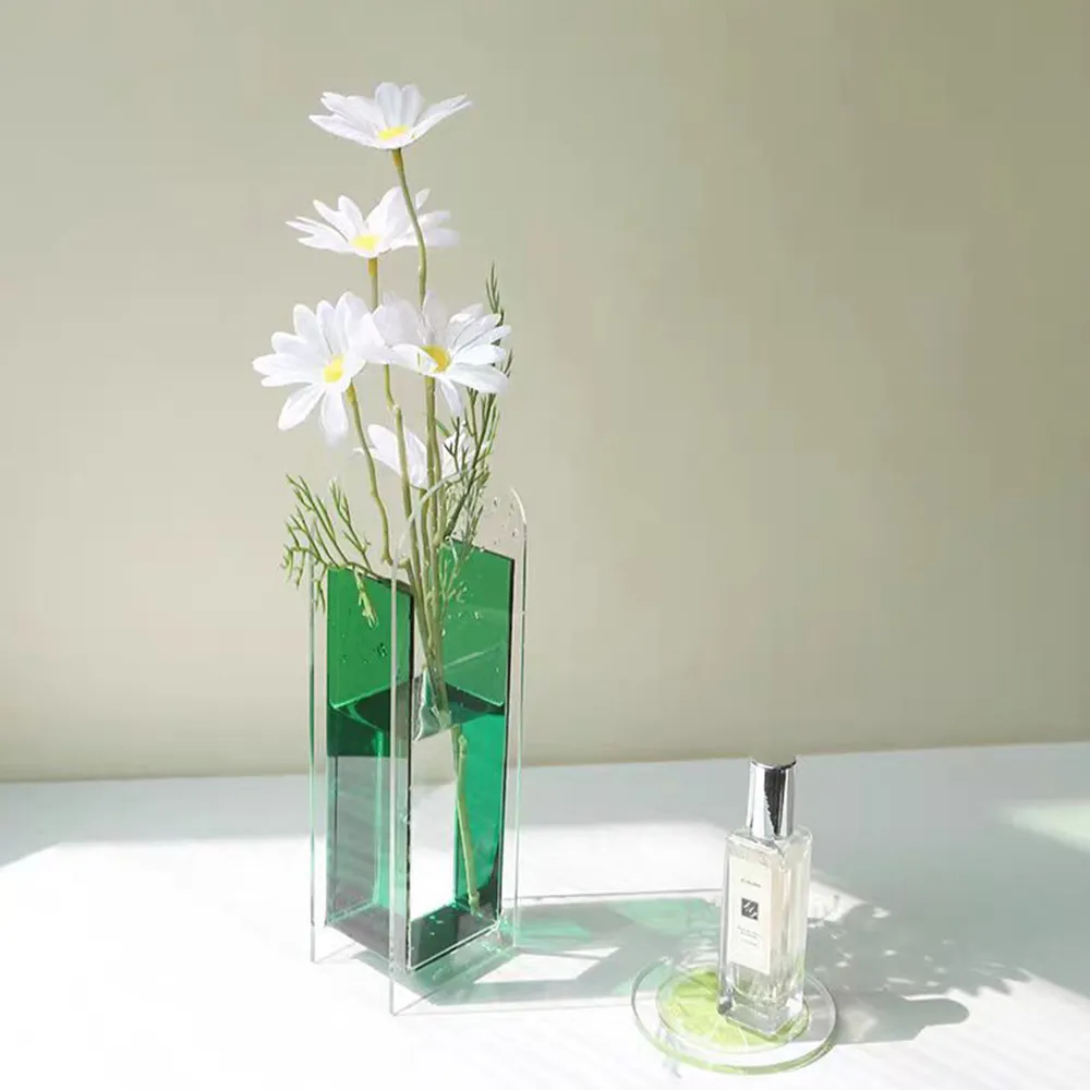 Green & Clear Color-Block Acrylic Arch Vase Modern Art Flower Vase.