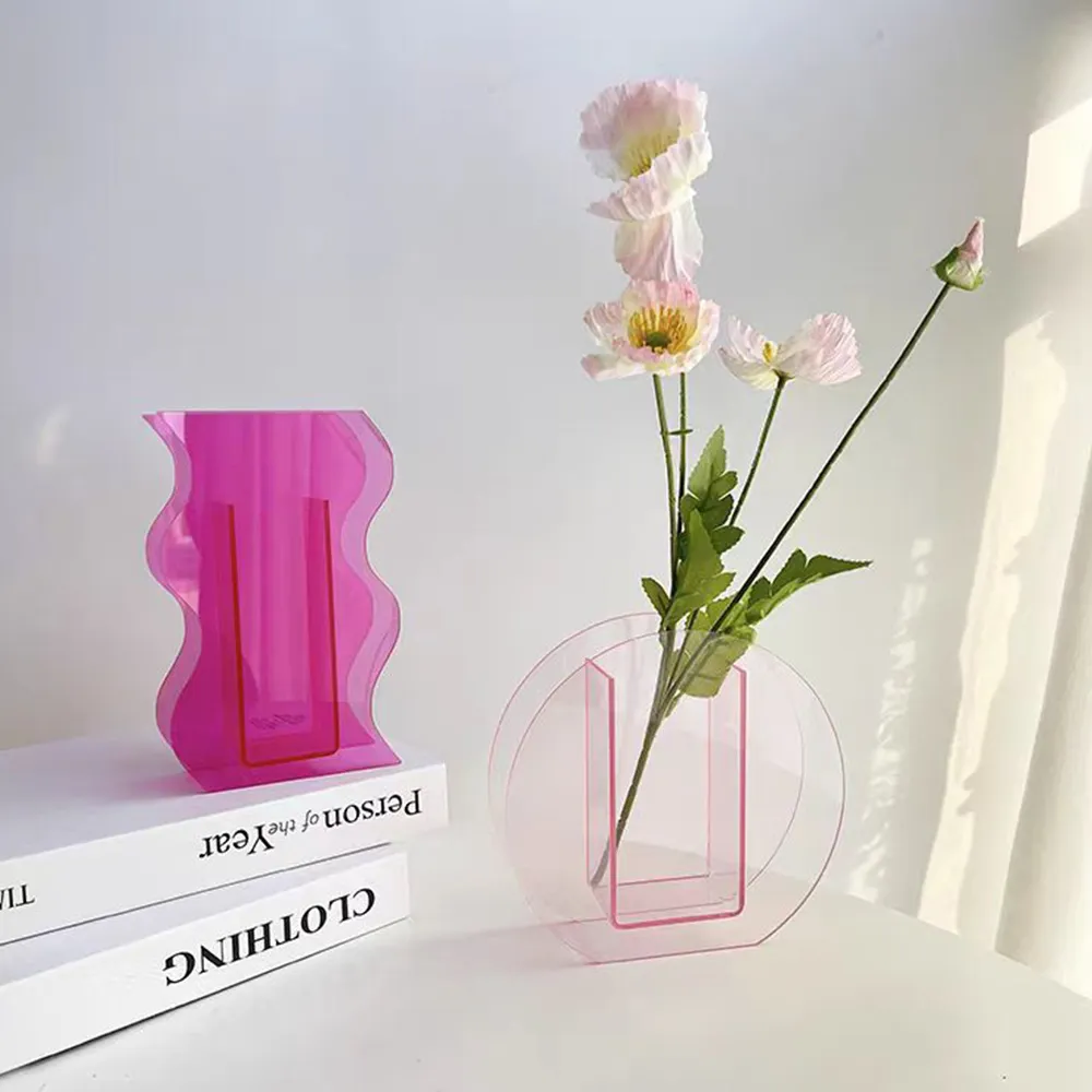 Light Pink Clear Acrylic Round Vase Minimalist Ins-Style Art Flower Vase