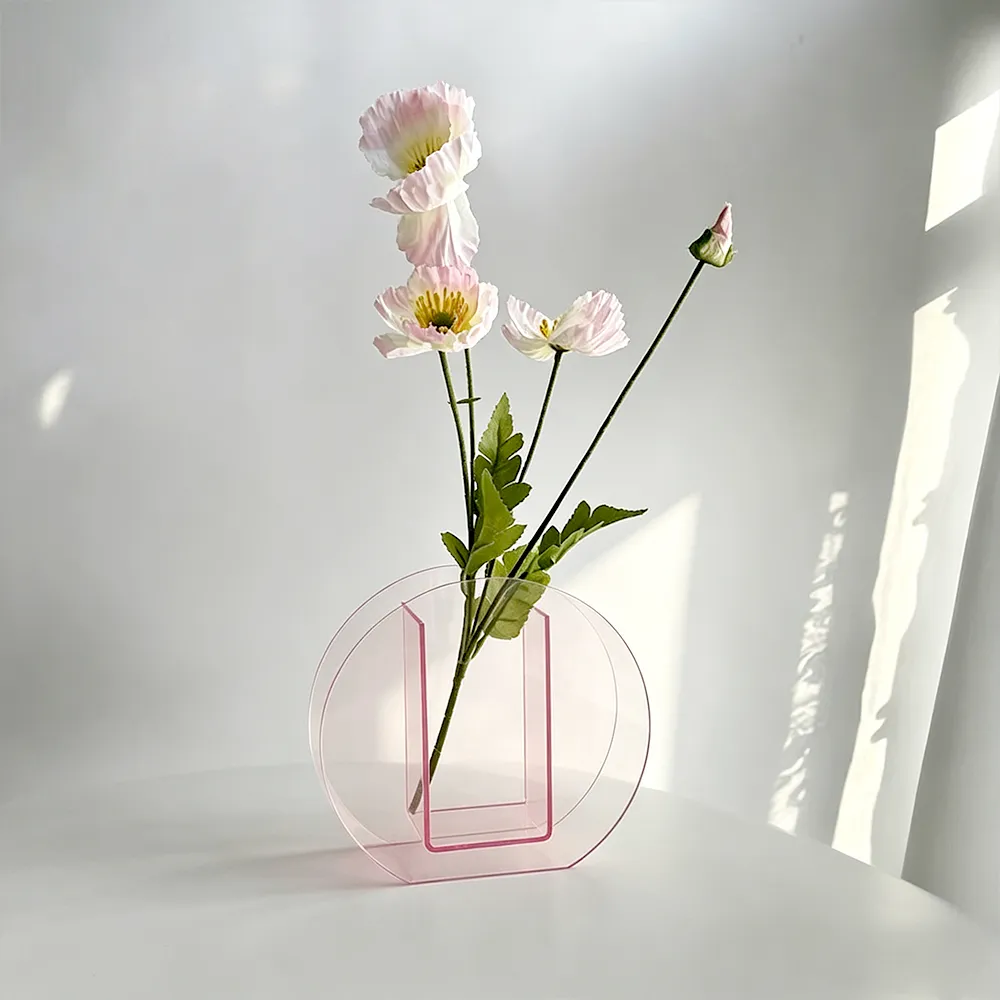 Light Pink Clear Acrylic Round Vase Minimalist Ins-Style Art Flower Vase.