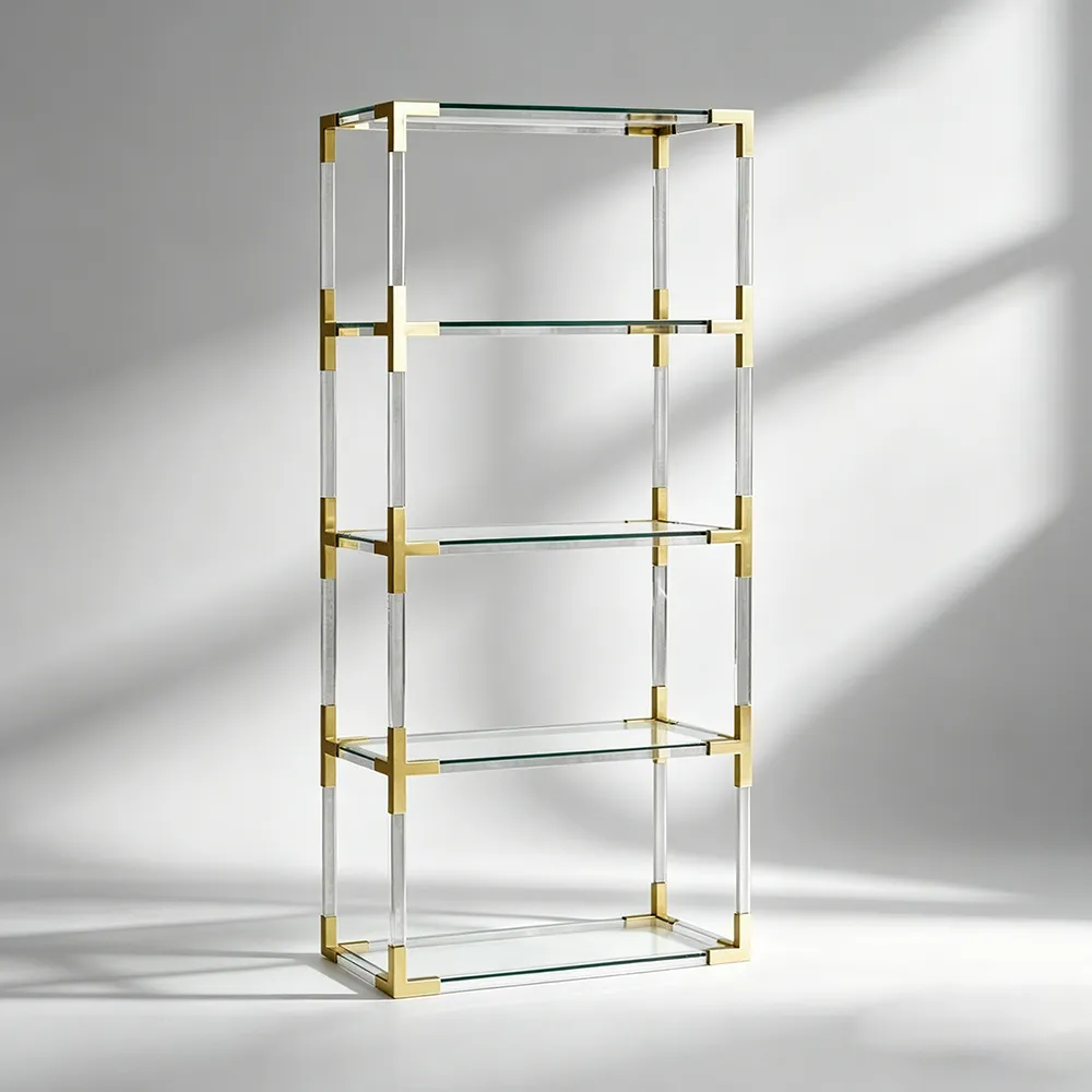 Luxury Acrylic & Brass Bookshelf Clear Glass Multi-Tier Display Shelf