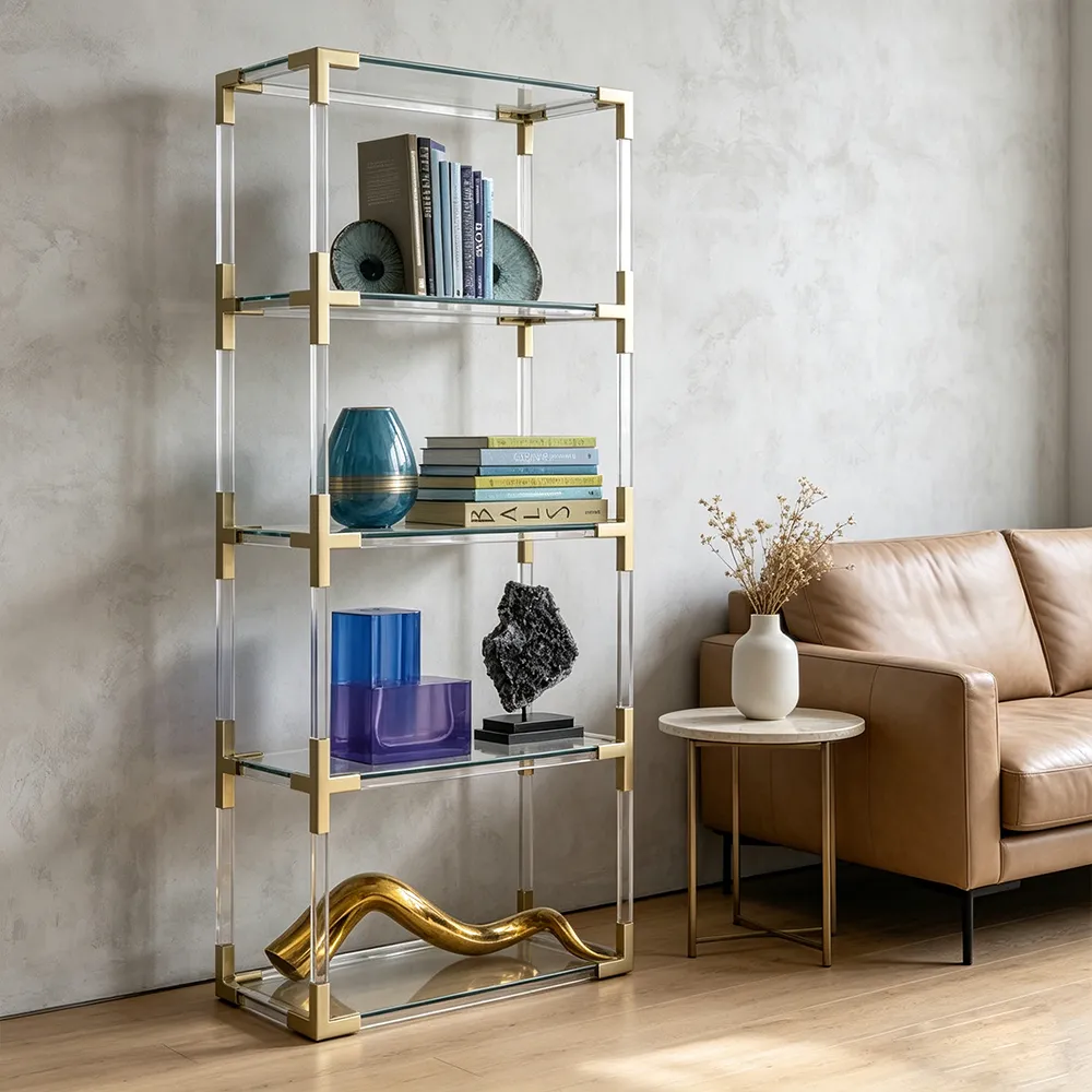 Luxury Acrylic & Brass Bookshelf Clear Glass Multi-Tier Display Shelf.