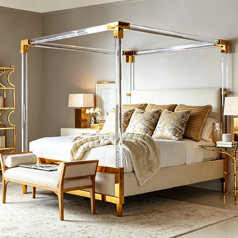 Luxury Acrylic & Brass Four-Poster Canopy Bed Modern Minimalist KingQueen Bed.