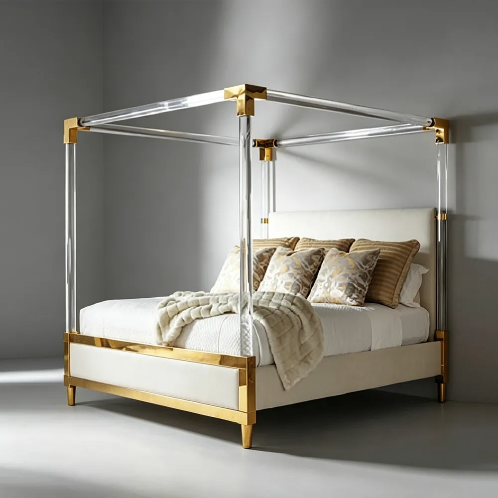 Luxury Acrylic & Brass Four-Poster Canopy Bed Modern Minimalist KingQueen Bed