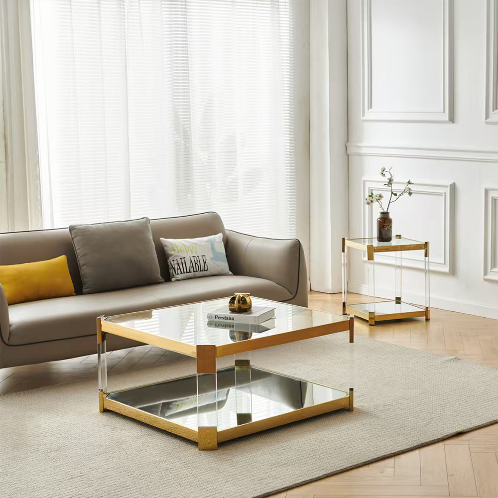 Luxury Acrylic & Gold Double-Tier Square Coffee Table