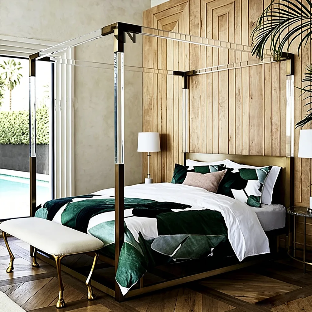Luxury Acrylic & Gold Four-Poster Canopy Bed Upholstered Master Bedroom Bed