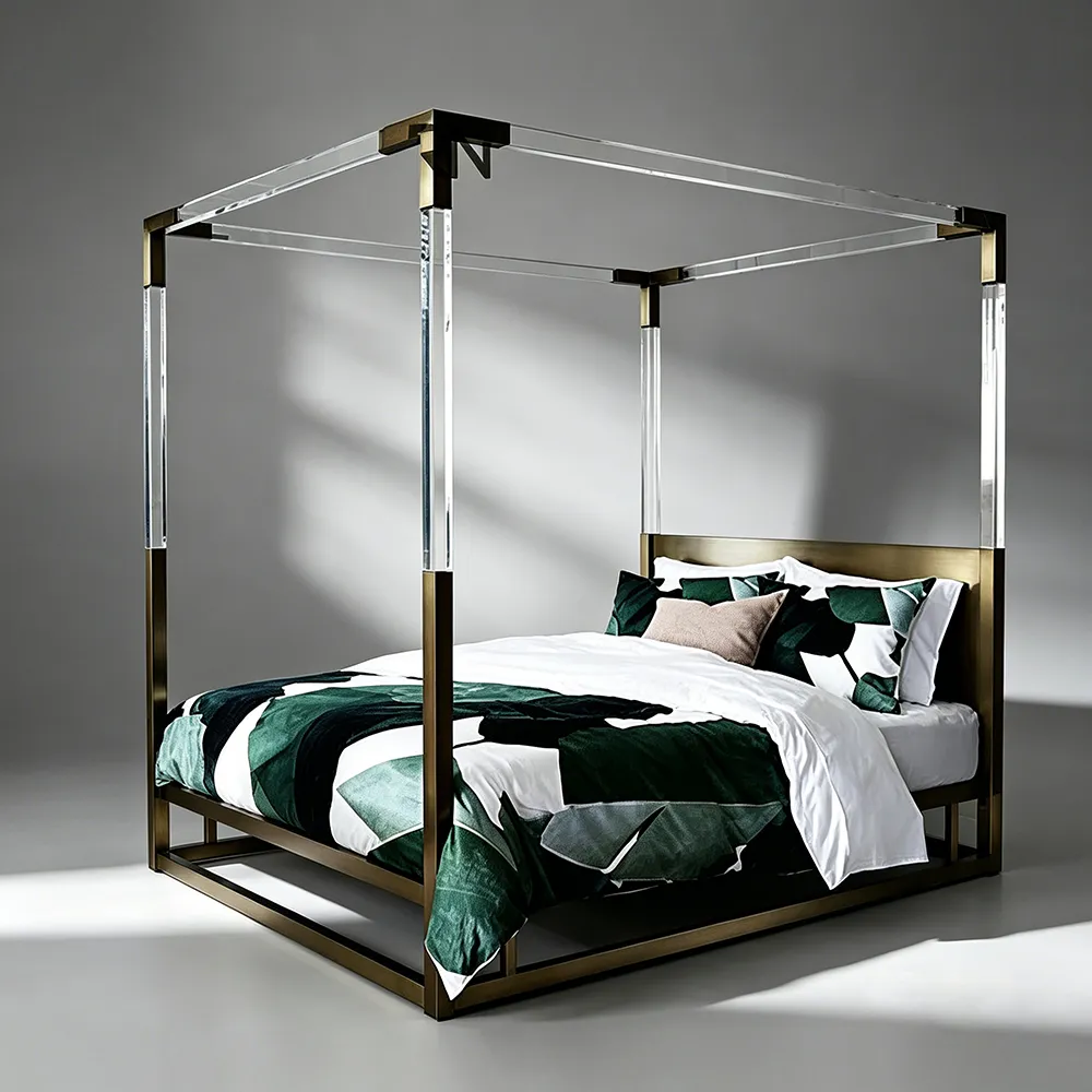 Luxury Acrylic & Gold Four-Poster Canopy Bed Upholstered Master Bedroom Bed.