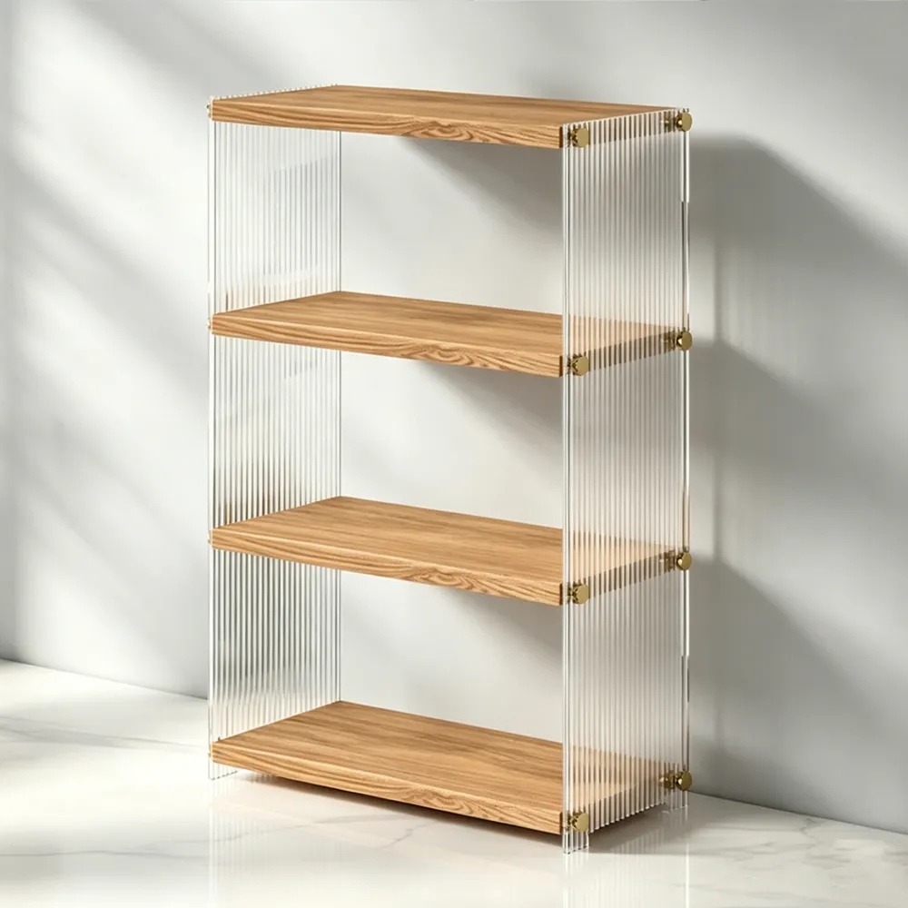 Luxury Acrylic & Wood Grain Shelf Ribbed 4-Tier Display Bookcase